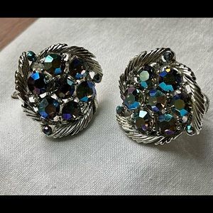 Signed Vintage Lisner Blue Aurora Borealis Rhinestone Clip on Earrings